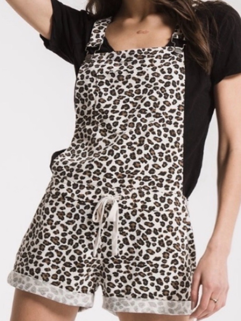 Z Supply Leopard Animal Print Drawstring Romper Shorts Overalls Shortall Cream S